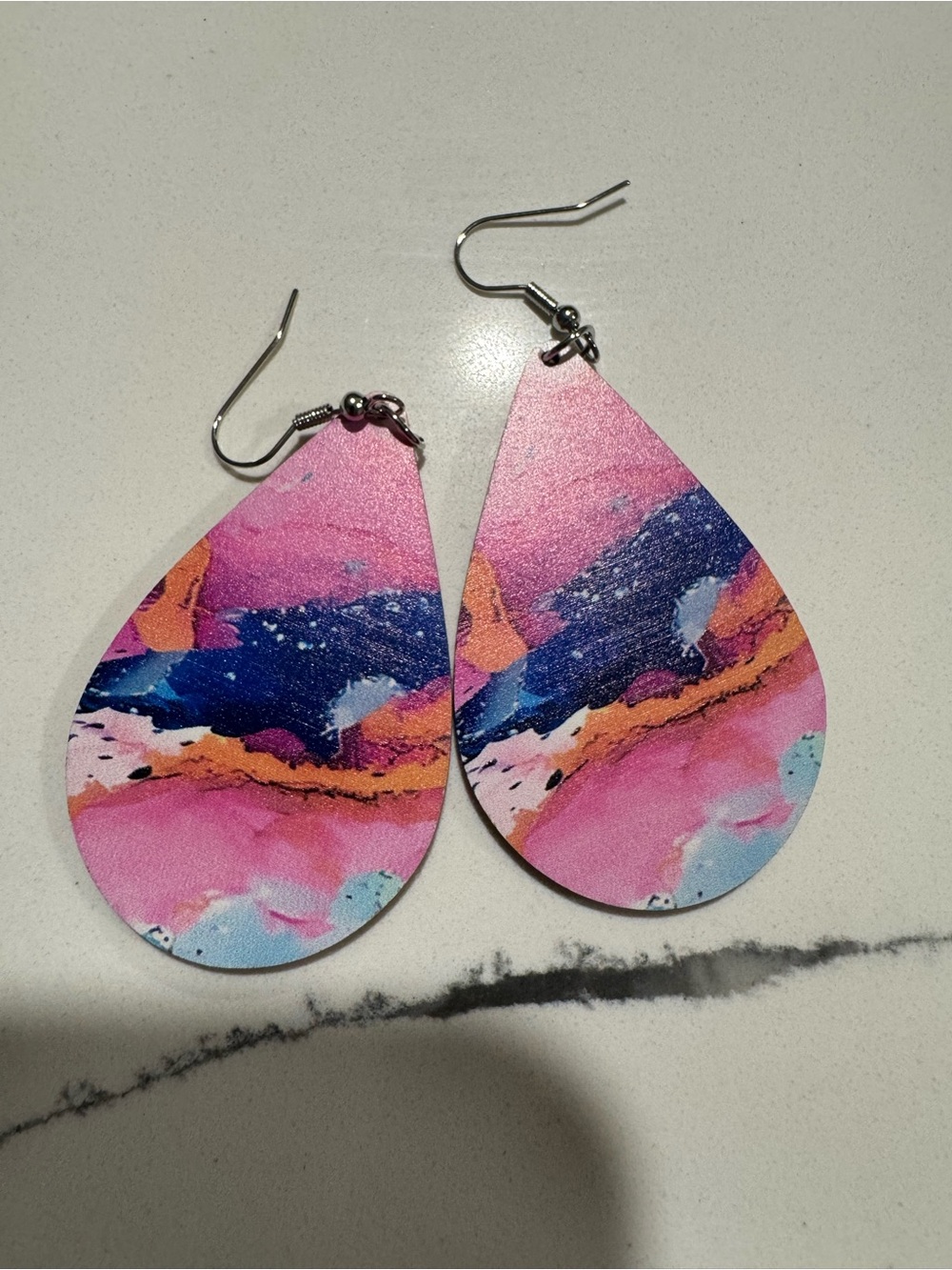 Colorful Abstract Teardrop Earrings - Pink & Blue Print